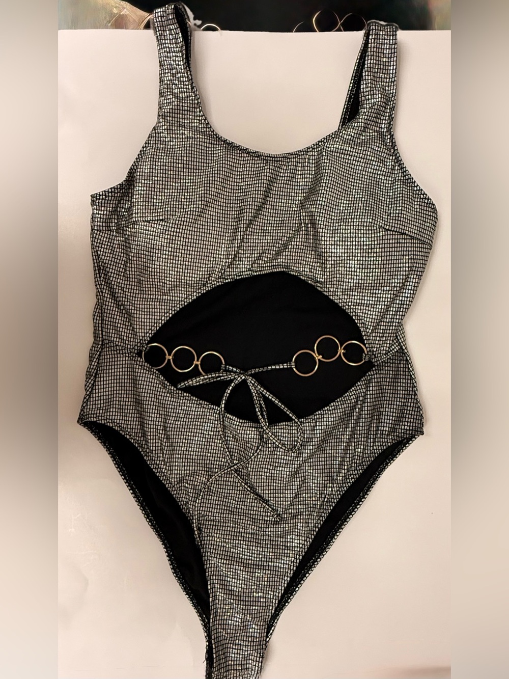 SHEIN Black and Silver One-Piece Swimsuit with Ring Accent